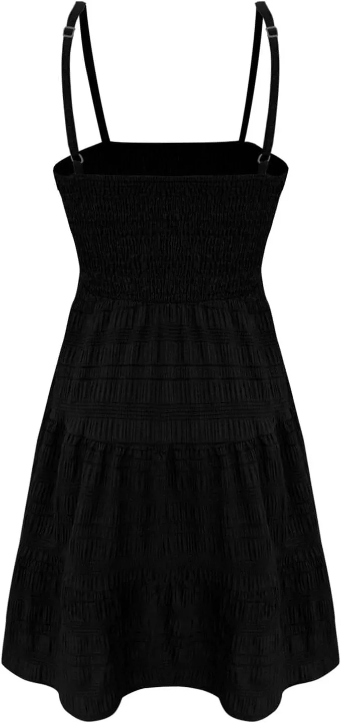 Miyaomn Women's Ruffle Spaghetti Strap Mini Dress Casual Solid A-Line Square Neck Sleeveless Smocked Tiered Flowy Sundresses