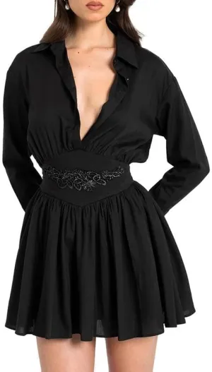 MOLERFO Womens Floral Embroidered Corset Mini Dress Button Up Deep V Neck Ruffle Dress Flowy A-Line Peplum Dresses (Black,Large)