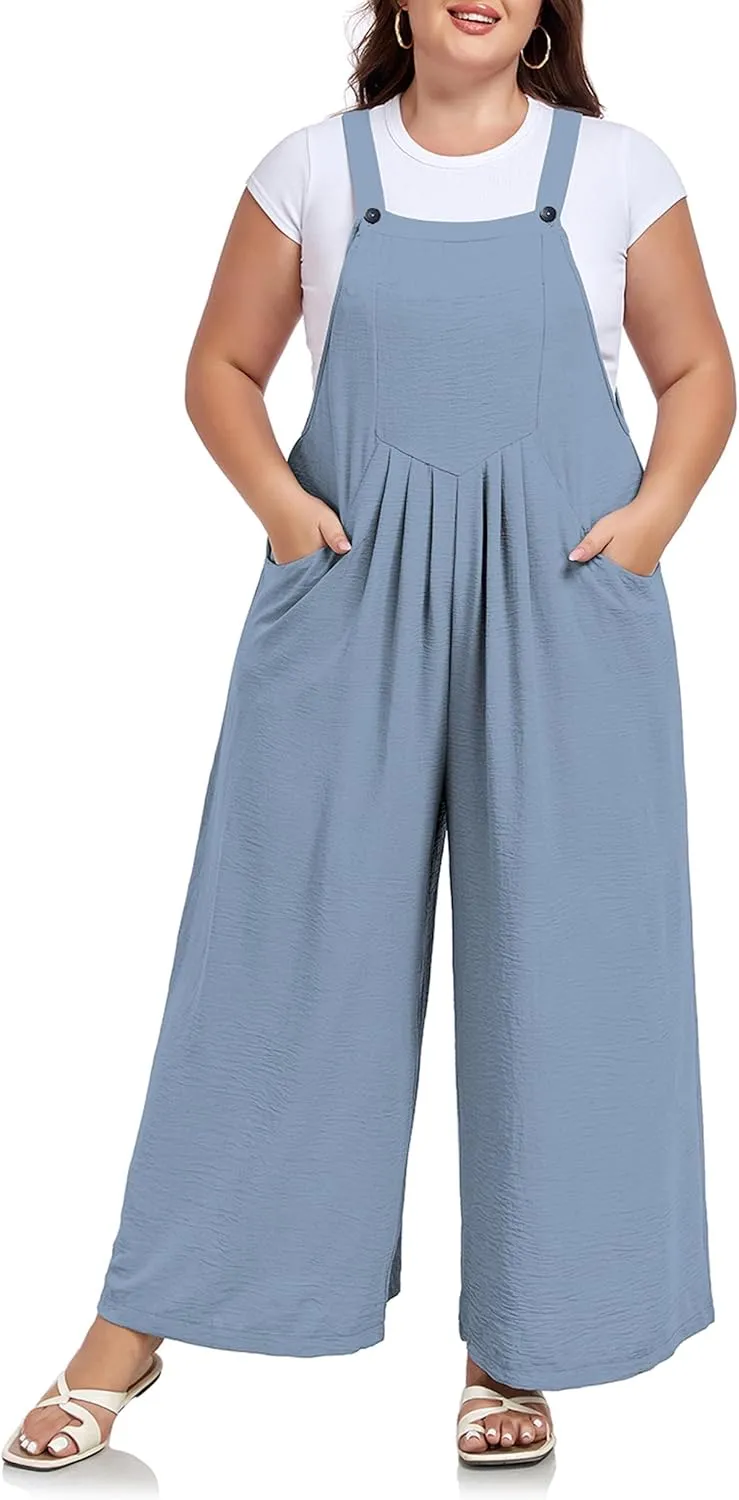 Moon Wood Plus Size Jumpsuits for Women Adjustable Casual Summer Wide Leg Rompers Loose fit Overalls Jumpersuit with Pockets