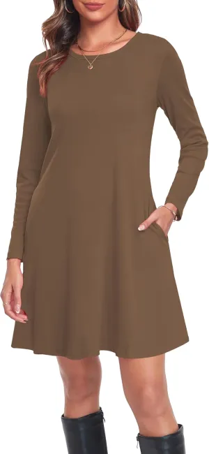 Moskill Long Sleeve Tshirt Dresses for Women with Pockets Casual Loose Swing Dress