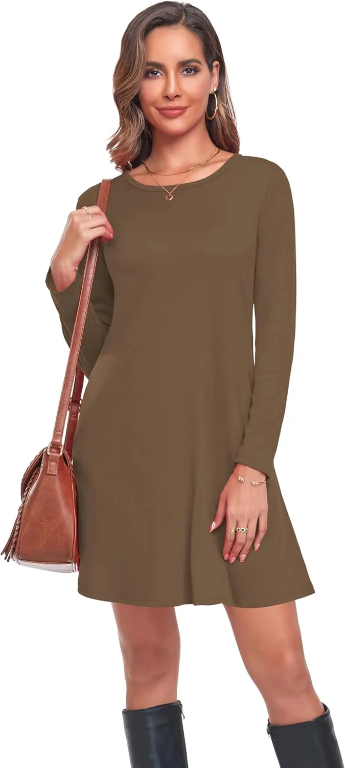 Moskill Long Sleeve Tshirt Dresses for Women with Pockets Casual Loose Swing Dress