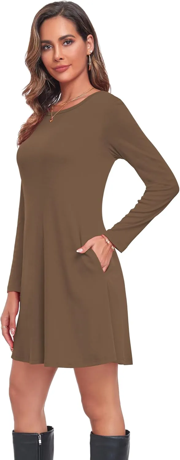 Moskill Long Sleeve Tshirt Dresses for Women with Pockets Casual Loose Swing Dress