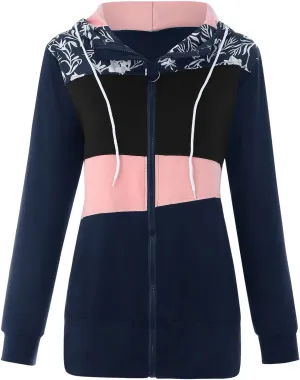 Muyise Women's Full Zip Up Hoodies Long Sleeve Color Block Hooded Sweatshirts Jackets Casual Lightweight Coat with Pockets