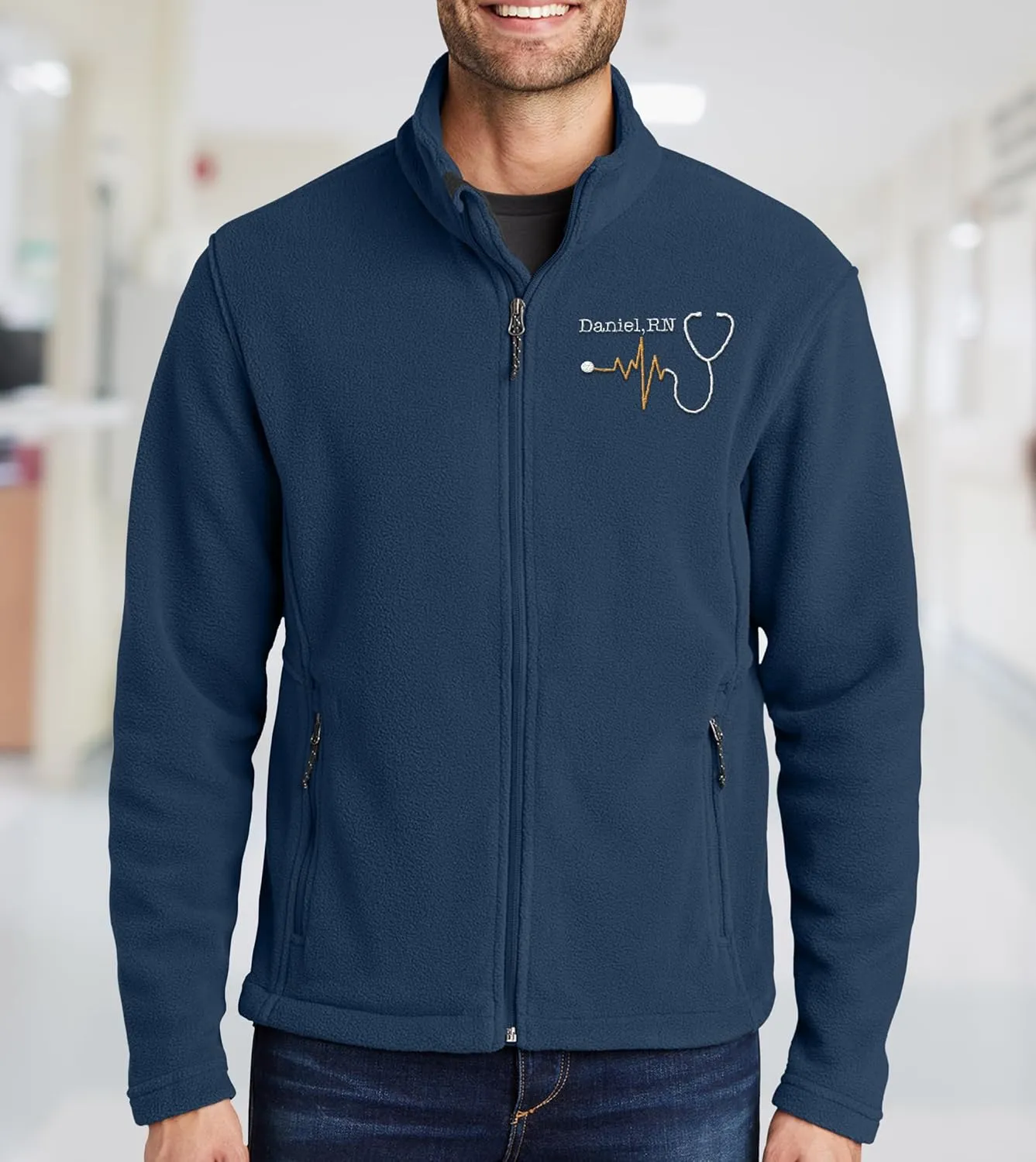 NACRE APPAREL Custom Embroidered Midweight Fleece Jacket for Men & Women Personalized Stethescope Print Jacket