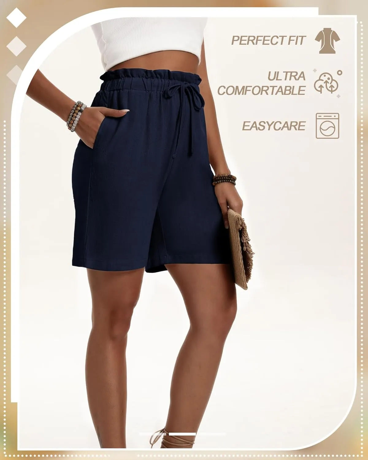Neer 3 Pack Women's Linen Bermuda Shorts Summer Wide Leg Cotton Casual High Waist Drawstring Mid Length Shorts with Pockets
