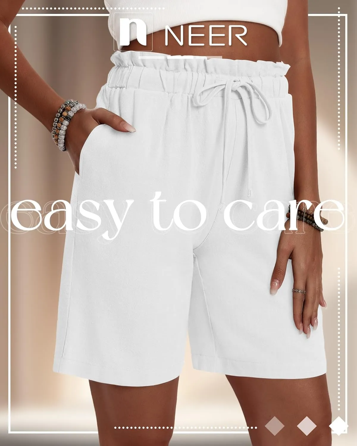 Neer 3 Pack Women's Linen Bermuda Shorts Summer Wide Leg Cotton Casual High Waist Drawstring Mid Length Shorts with Pockets