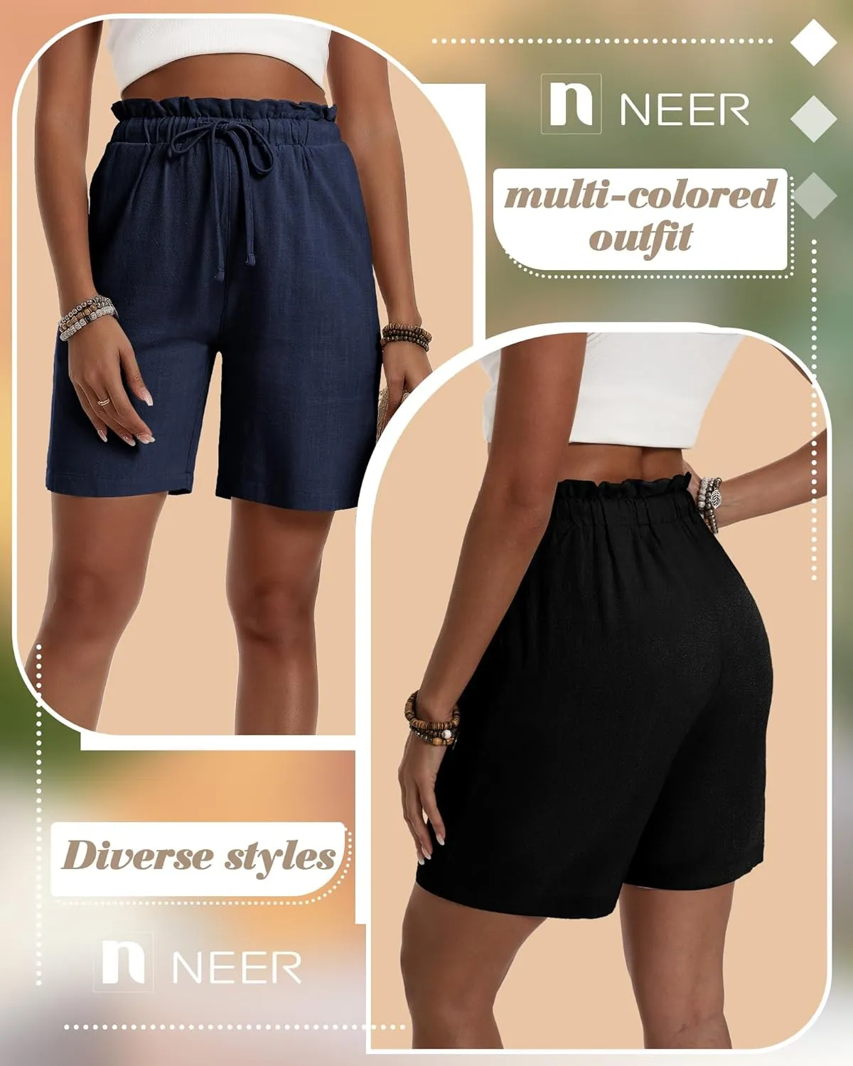 Neer 3 Pack Women's Linen Bermuda Shorts Summer Wide Leg Cotton Casual High Waist Drawstring Mid Length Shorts with Pockets