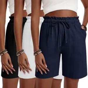 Neer 3 Pack Women's Linen Bermuda Shorts Summer Wide Leg Cotton Casual High Waist Drawstring Mid Length Shorts with Pockets