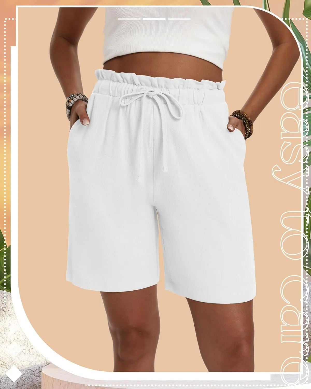 Neer 3 Pack Women's Linen Bermuda Shorts Summer Wide Leg Cotton Casual High Waist Drawstring Mid Length Shorts with Pockets