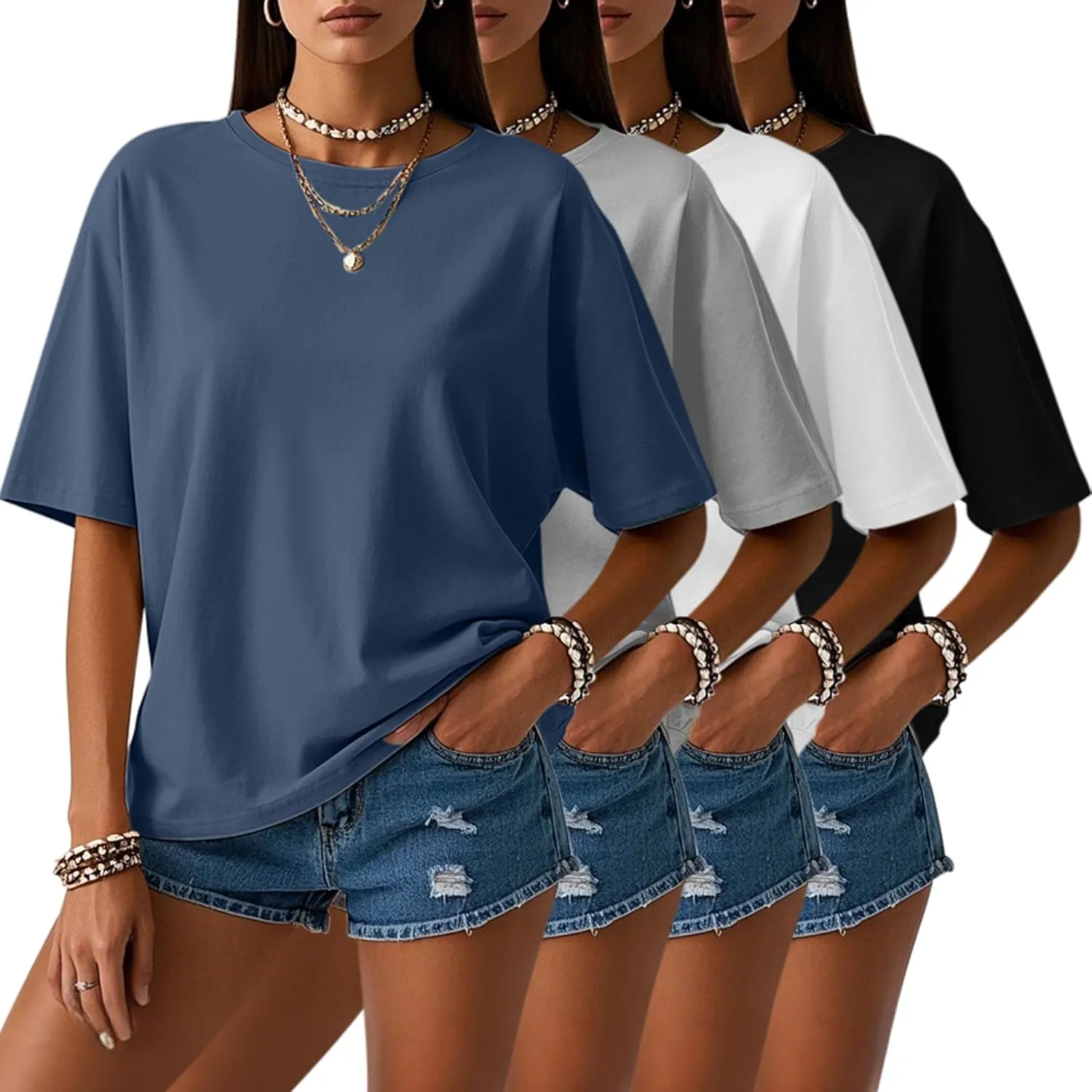 Neer 4 Pack Women's Half Sleeve Top Elbow Length T Shirt Women Round Neck Basic Cotton Tee Summer Casual Blouses