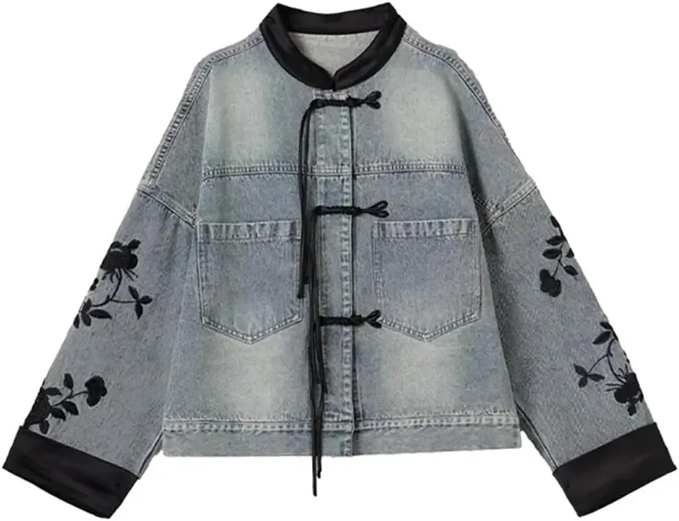 Niiyyjj Denim Jacket for Women Embroidered Chinese Style Long Sleeve Buttons O-Neck Jean Coats