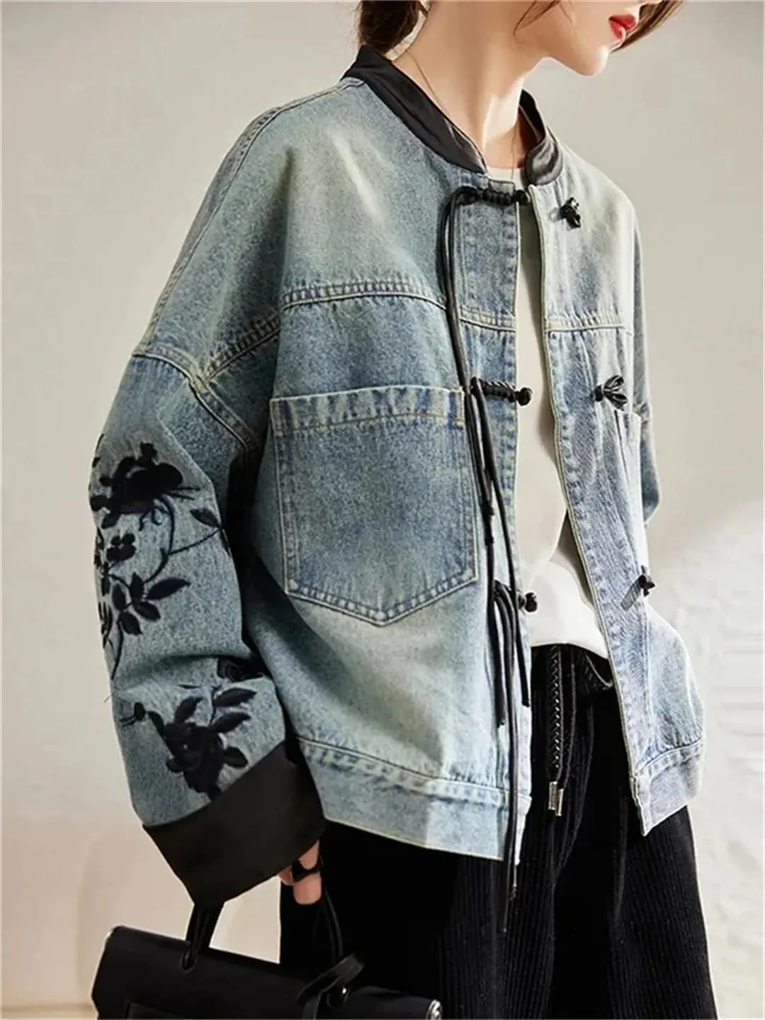 Niiyyjj Denim Jacket for Women Embroidered Chinese Style Long Sleeve Buttons O-Neck Jean Coats