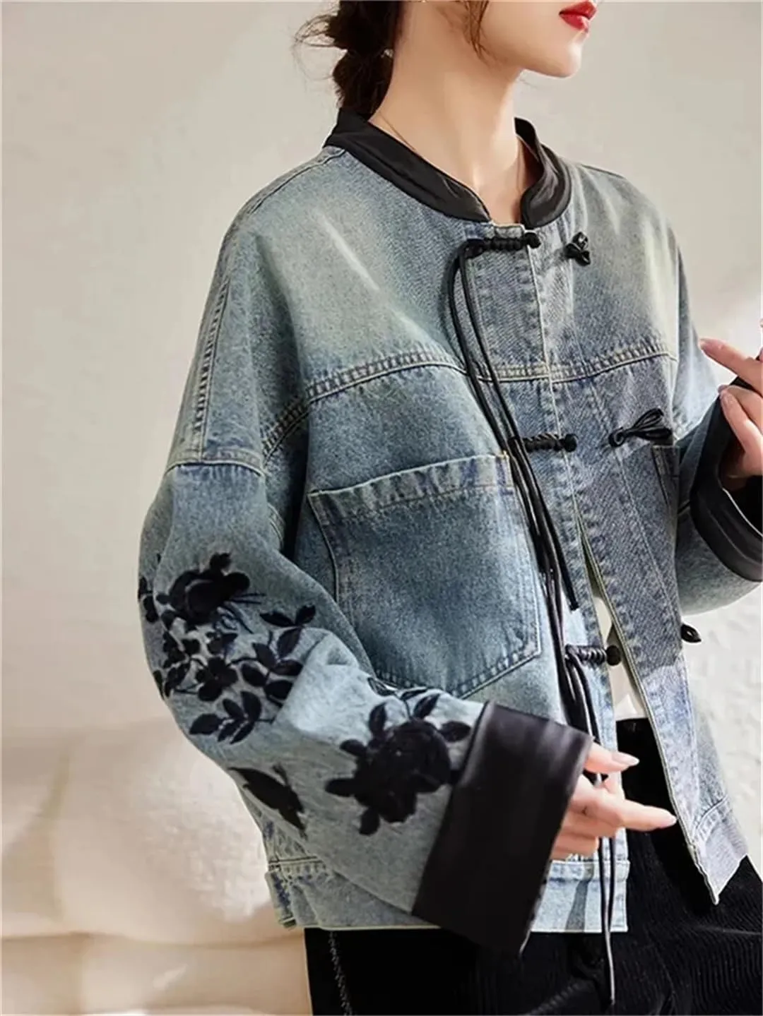 Niiyyjj Denim Jacket for Women Embroidered Chinese Style Long Sleeve Buttons O-Neck Jean Coats