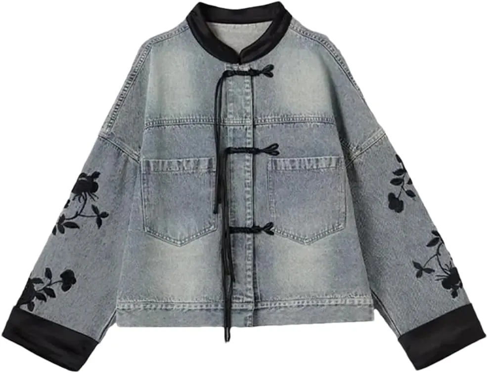 Niiyyjj Denim Jacket for Women Embroidered Chinese Style Long Sleeve Buttons O-Neck Jean Coats