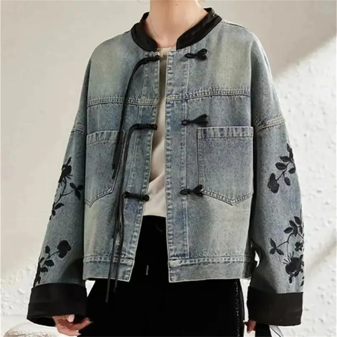 Niiyyjj Denim Jacket for Women Embroidered Chinese Style Long Sleeve Buttons O-Neck Jean Coats