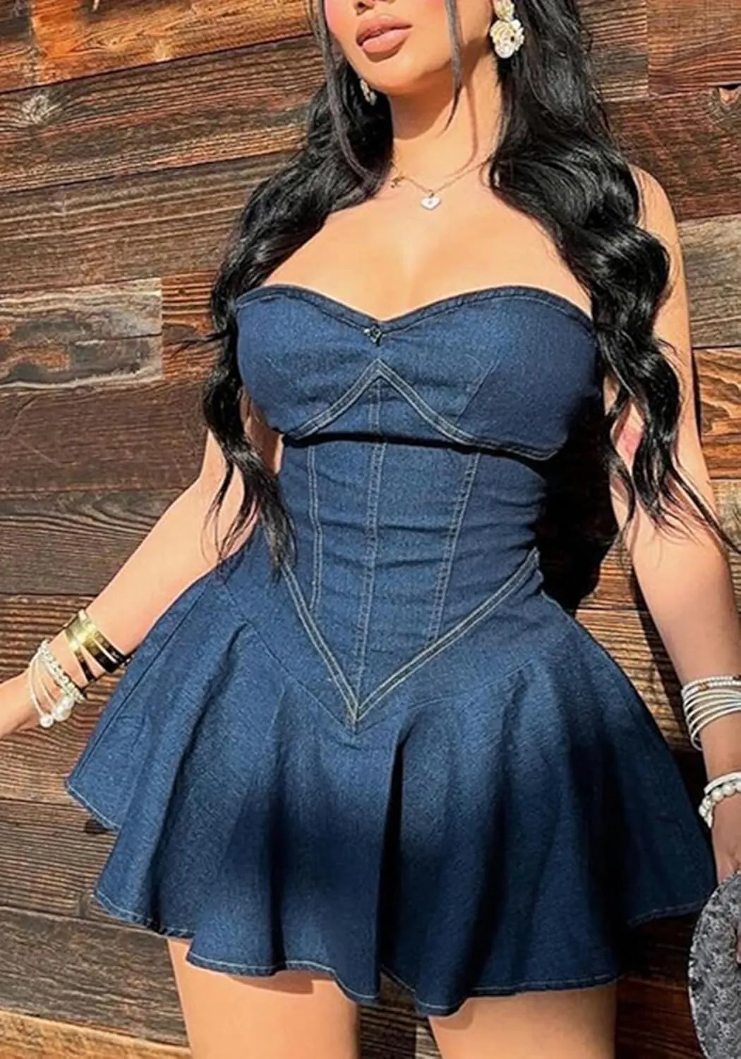 NRTHYE Women's Sexy Strapless Denim Dress Off Shoulder Corset Tube Summer Mini Jean Dresses
