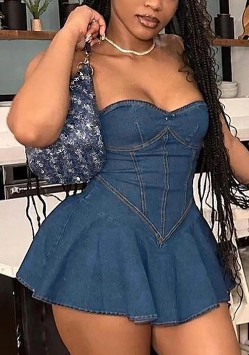 NRTHYE Women's Sexy Strapless Denim Dress Off Shoulder Corset Tube Summer Mini Jean Dresses