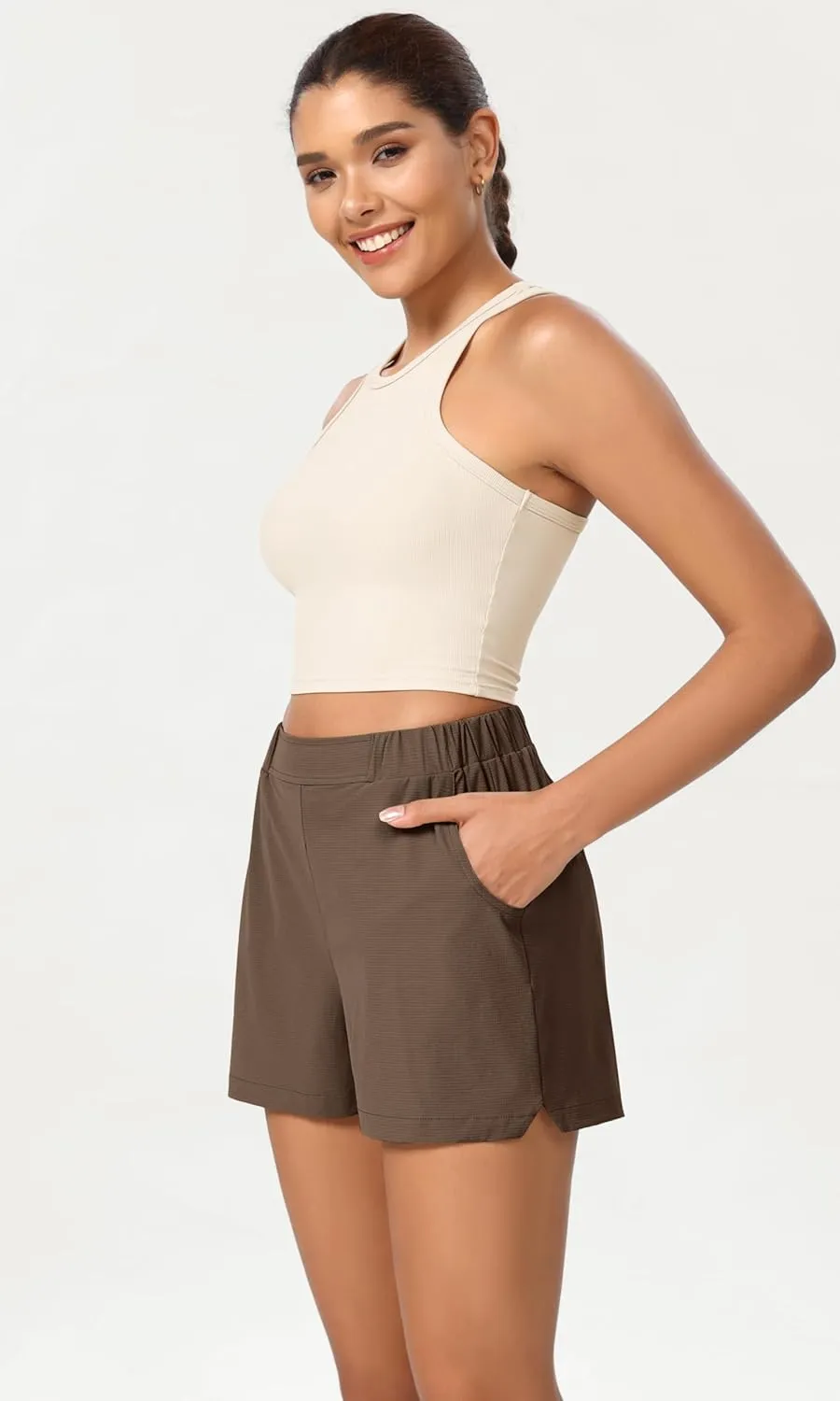 ODODOS Stretch Woven Relaxed Shorts for Women Elastic High Waist Summer Lightweight Casual Shorts with Pockets