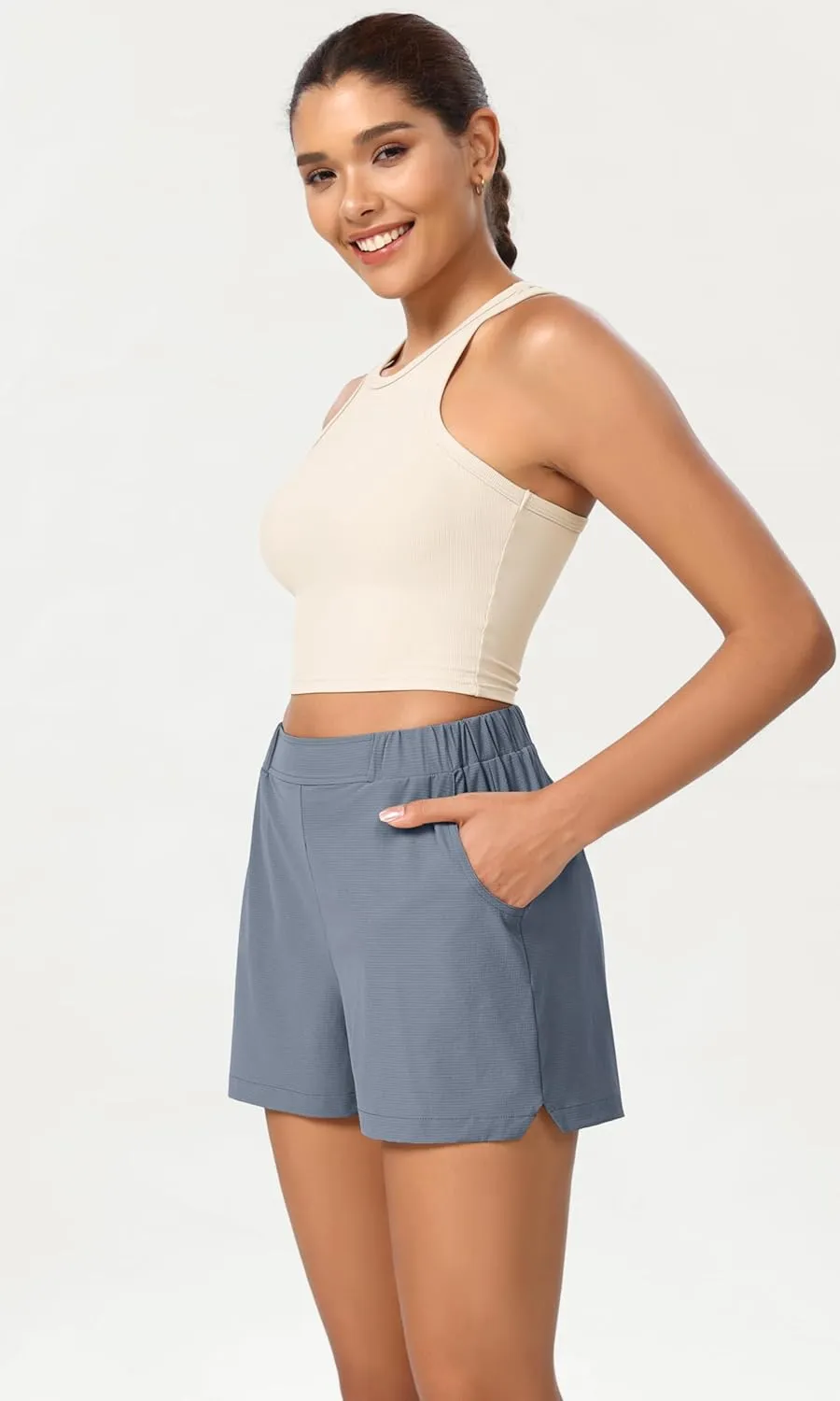 ODODOS Stretch Woven Relaxed Shorts for Women Elastic High Waist Summer Lightweight Casual Shorts with Pockets
