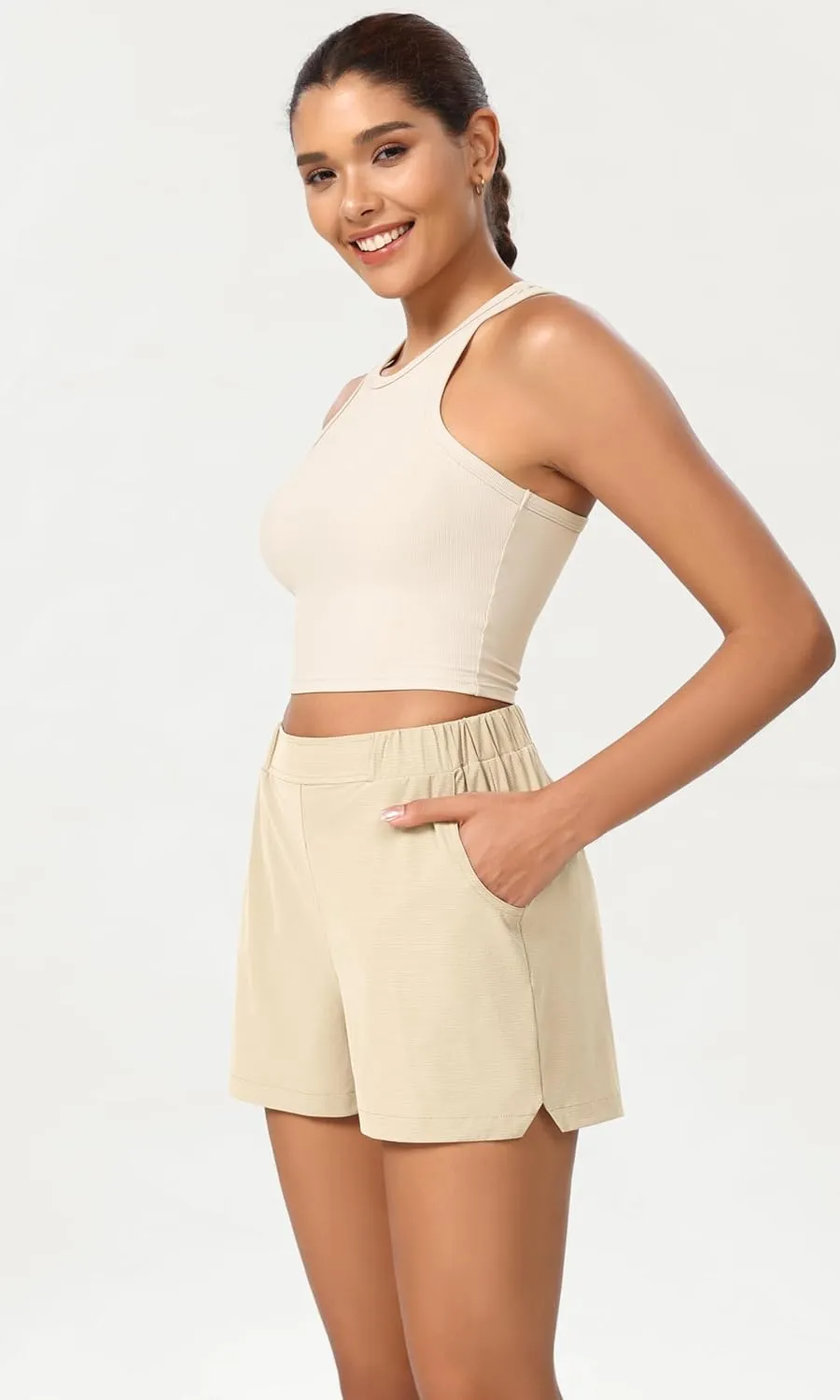 ODODOS Stretch Woven Relaxed Shorts for Women Elastic High Waist Summer Lightweight Casual Shorts with Pockets