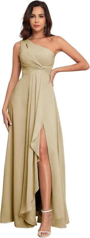 One Shoulder Bridesmaid Dresses with Slit Pleated Chiffon A-line Formal Prom Party with Pockets
