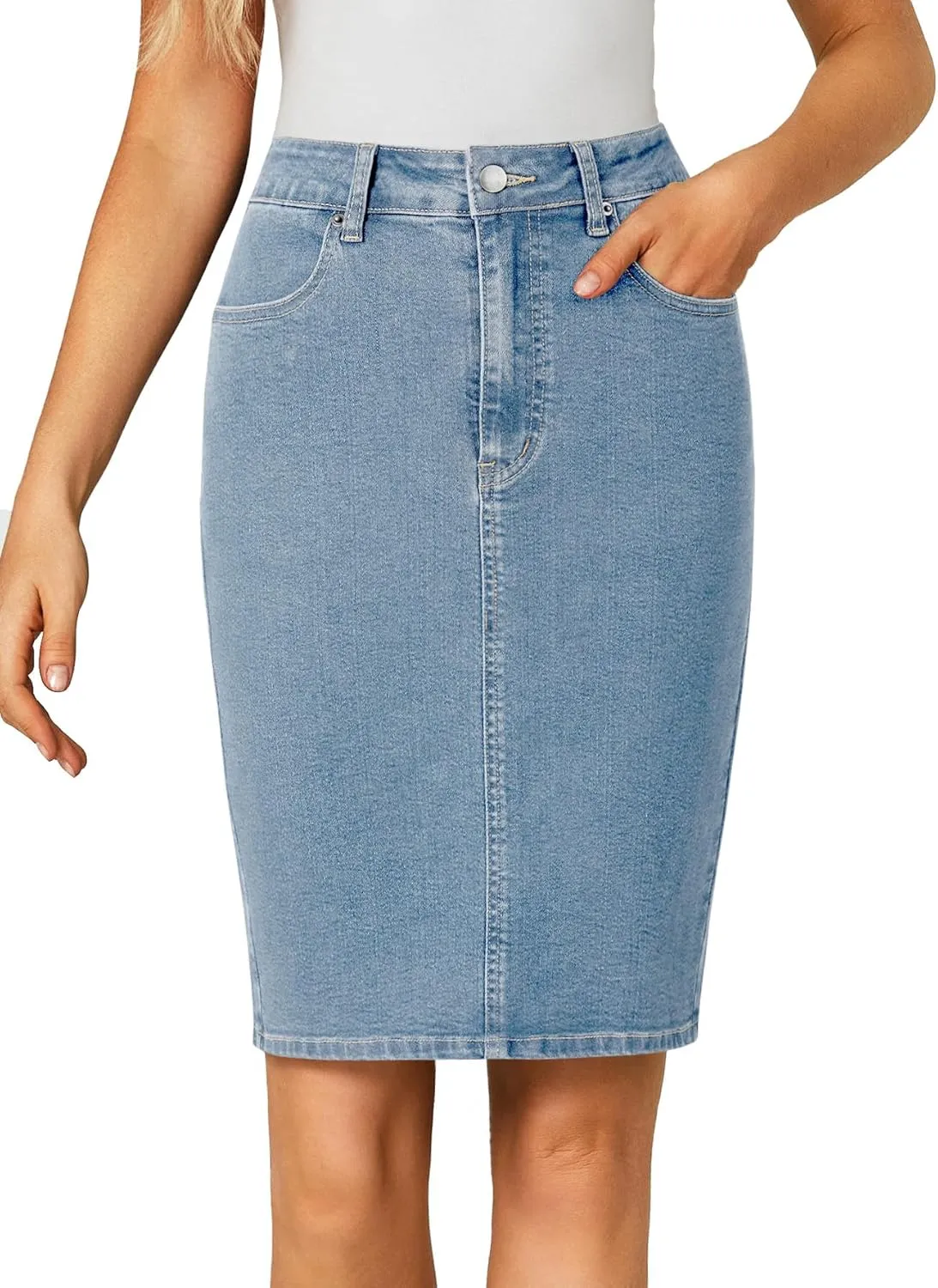 OPOIPIN Women's Casual Stretch High Waist Back Slit Denim Jean Knee Length Skirt
