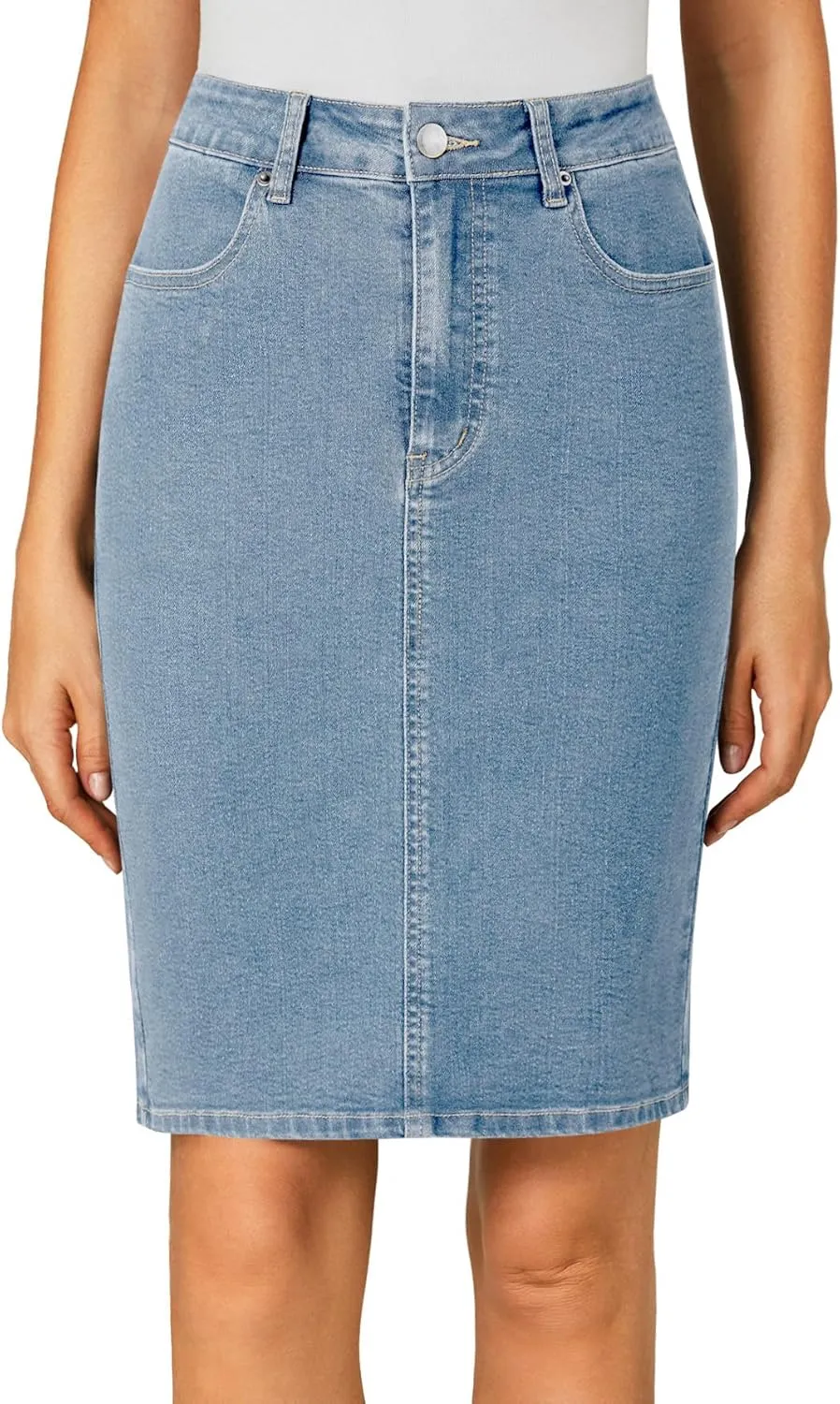OPOIPIN Women's Casual Stretch High Waist Back Slit Denim Jean Knee Length Skirt