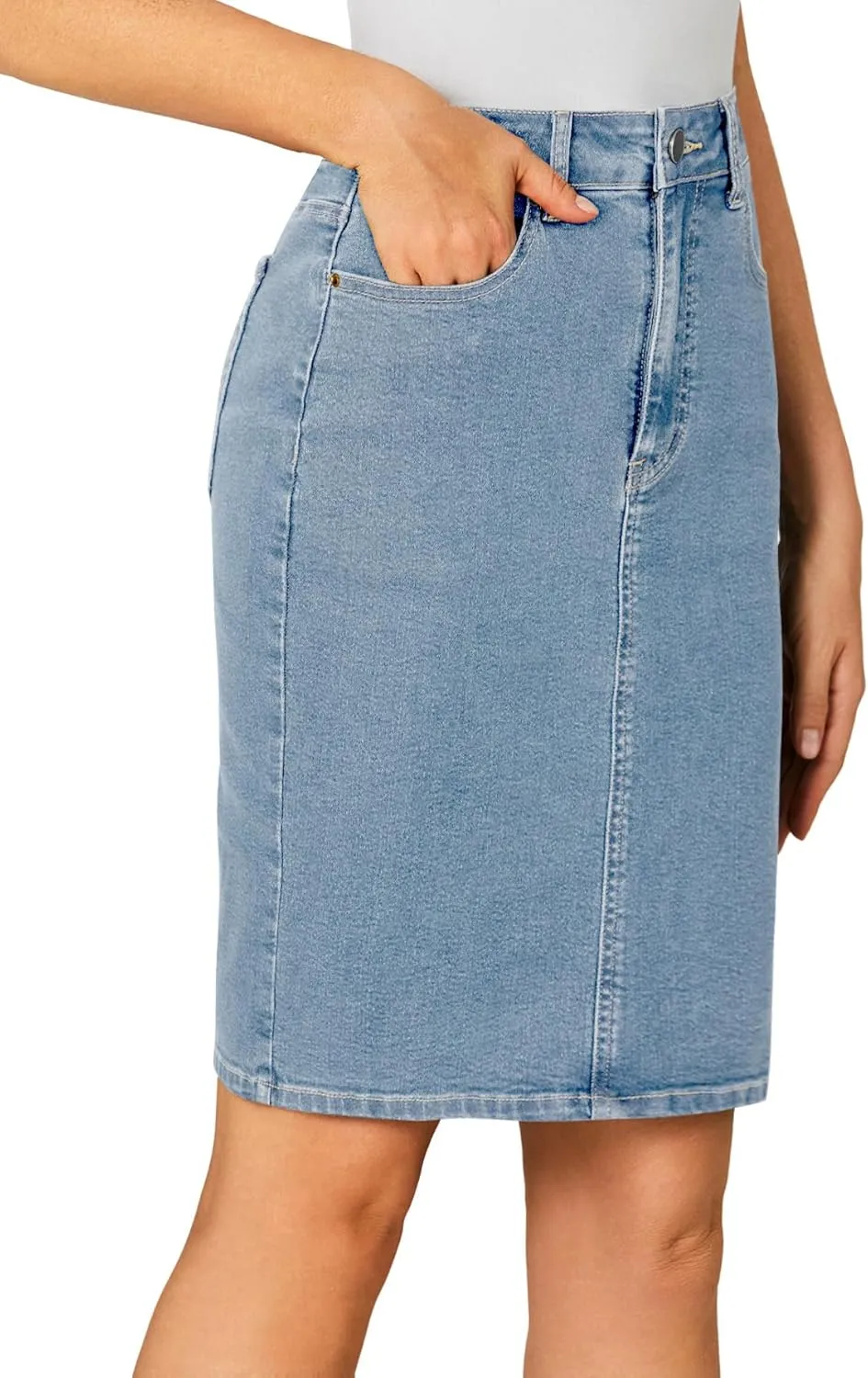 OPOIPIN Women's Casual Stretch High Waist Back Slit Denim Jean Knee Length Skirt