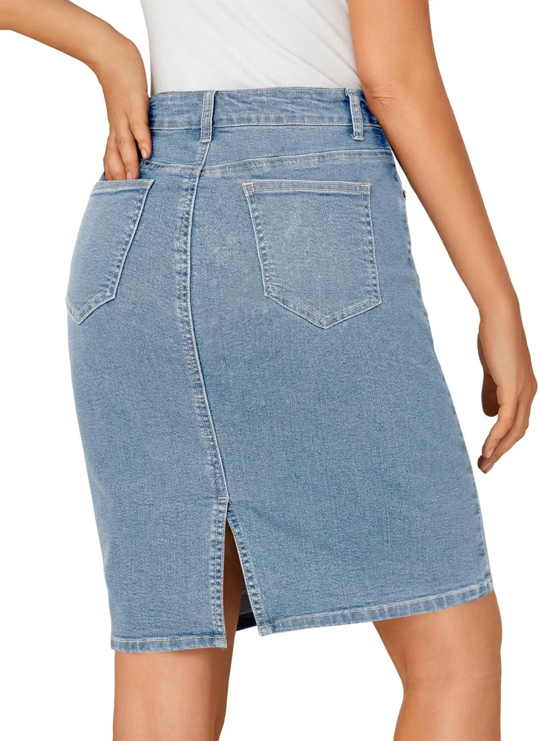 OPOIPIN Women's Casual Stretch High Waist Back Slit Denim Jean Knee Length Skirt