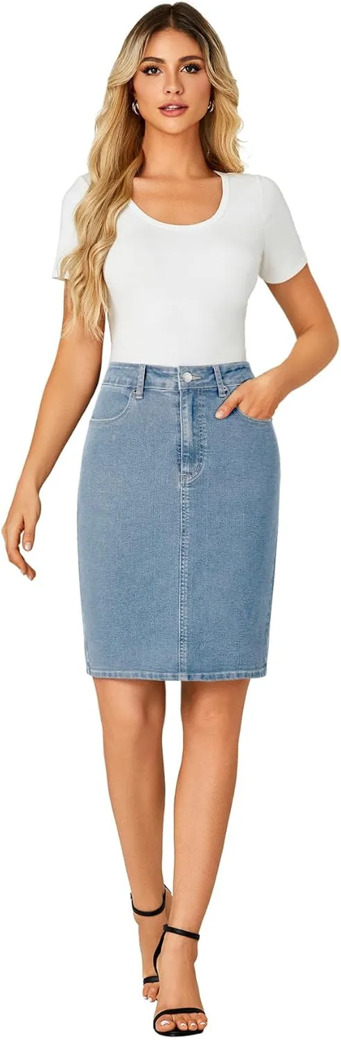 OPOIPIN Women's Casual Stretch High Waist Back Slit Denim Jean Knee Length Skirt