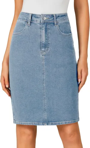 OPOIPIN Women's Casual Stretch High Waist Back Slit Denim Jean Knee Length Skirt