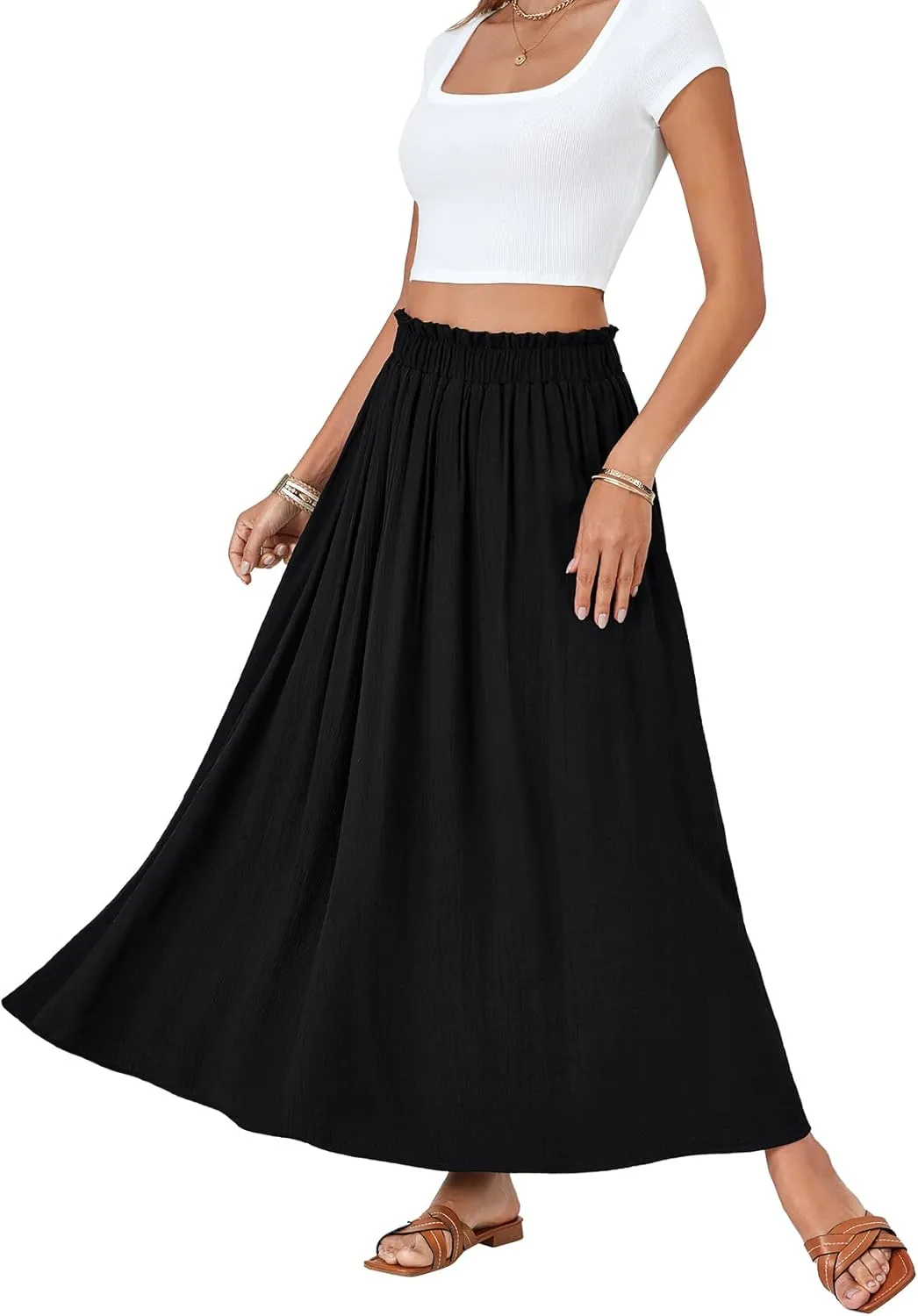 OPOIPIN Women's Summer Elastic High Waist Pleated A Line Flowy Beach Maxi Long Skirt