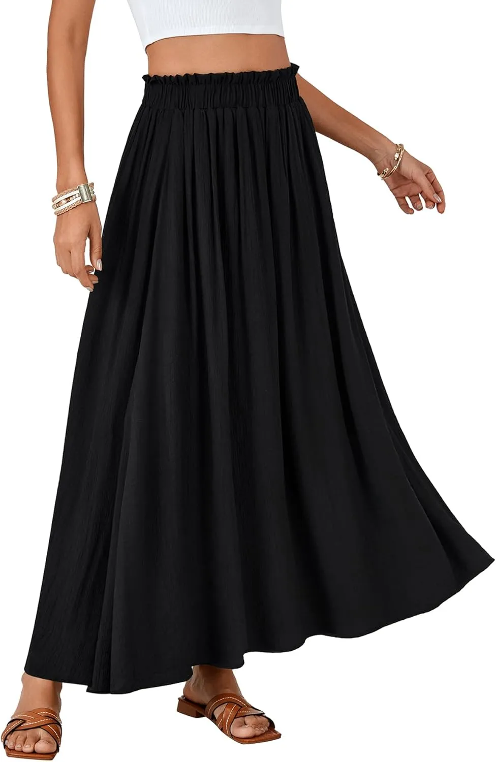 OPOIPIN Women's Summer Elastic High Waist Pleated A Line Flowy Beach Maxi Long Skirt