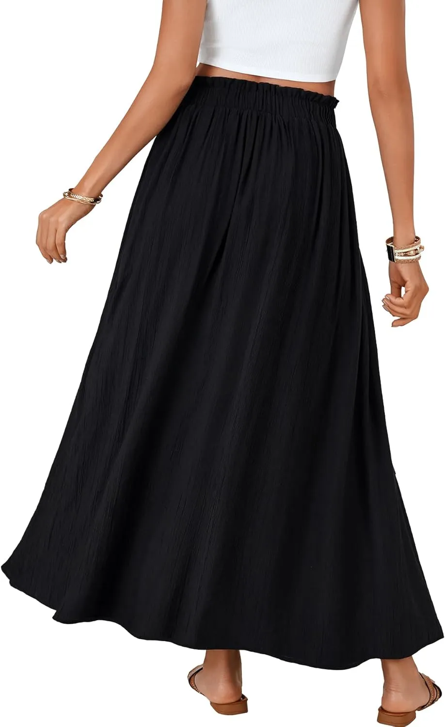 OPOIPIN Women's Summer Elastic High Waist Pleated A Line Flowy Beach Maxi Long Skirt