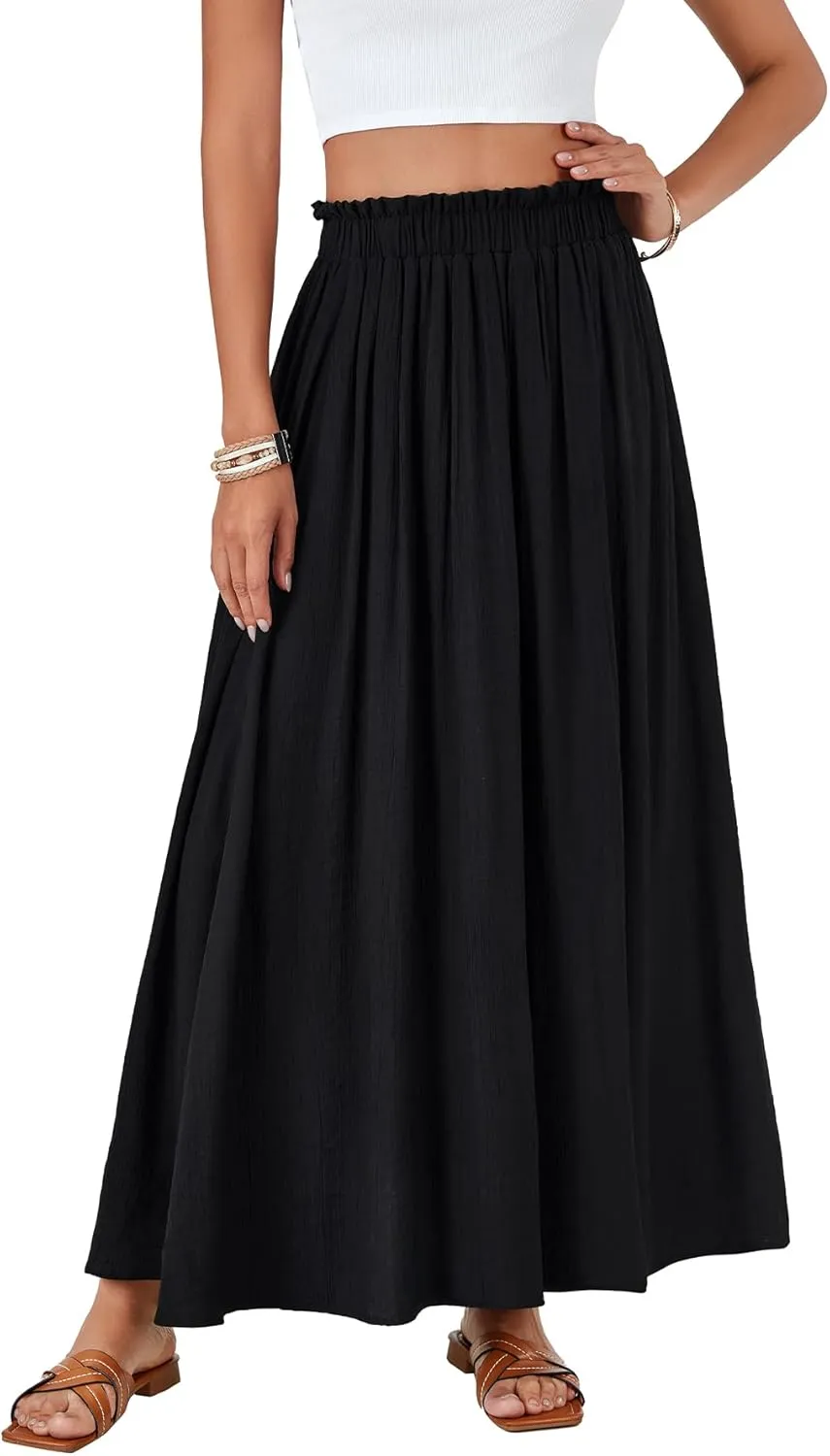 OPOIPIN Women's Summer Elastic High Waist Pleated A Line Flowy Beach Maxi Long Skirt