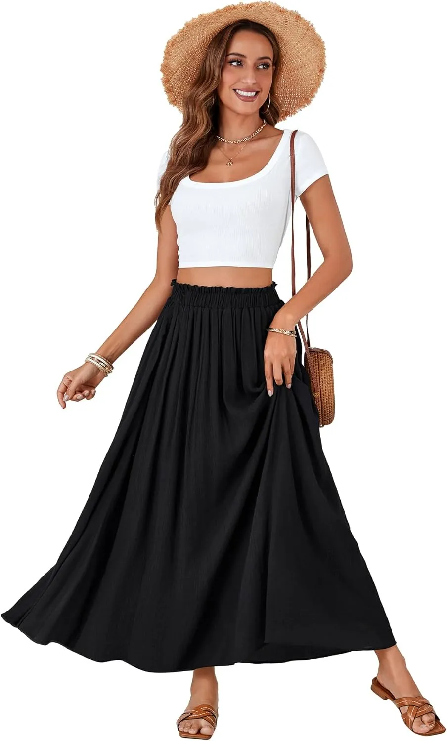 OPOIPIN Women's Summer Elastic High Waist Pleated A Line Flowy Beach Maxi Long Skirt