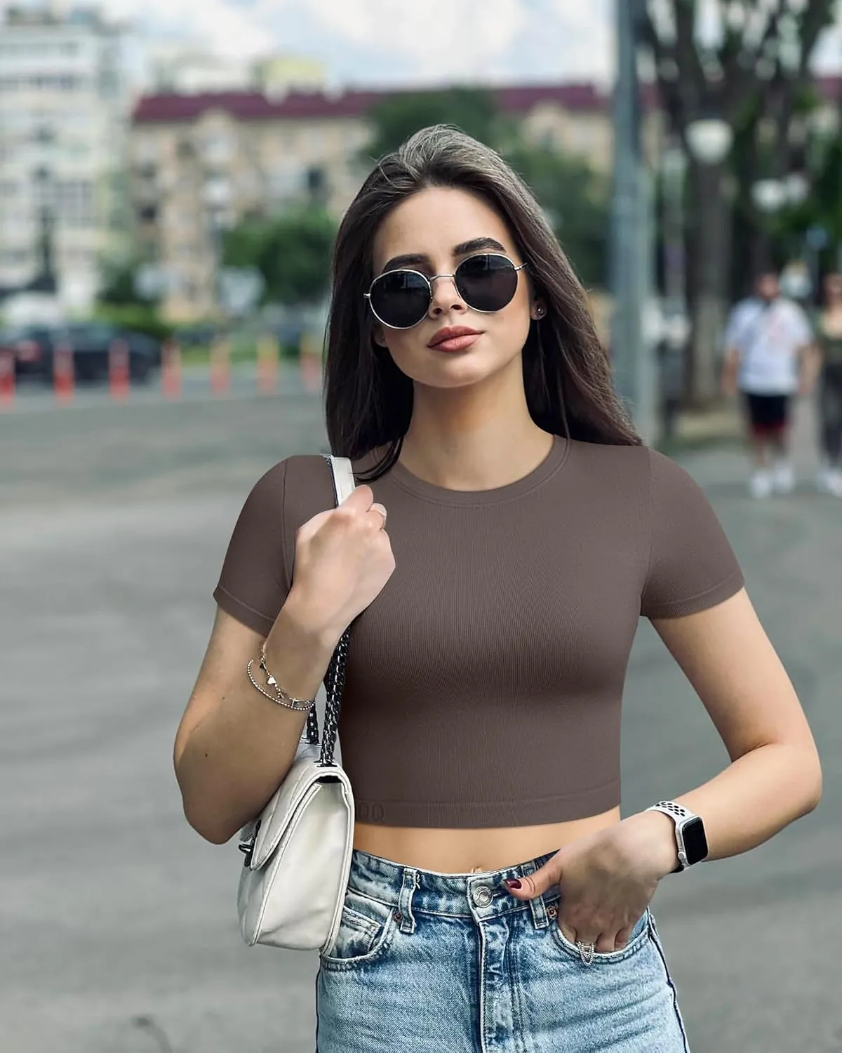 OQQ Women's 3 Piece Crop Tops Crew Neck Shorts Sleeve Stretch Fitted Shirts Crop Tops