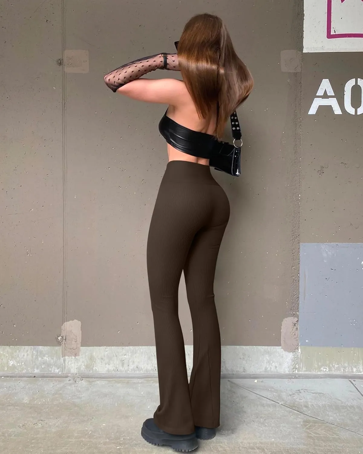 OQQ Women's Flare Pants Ribbed Seamless Workout High Waist Bell Bottoms Pants