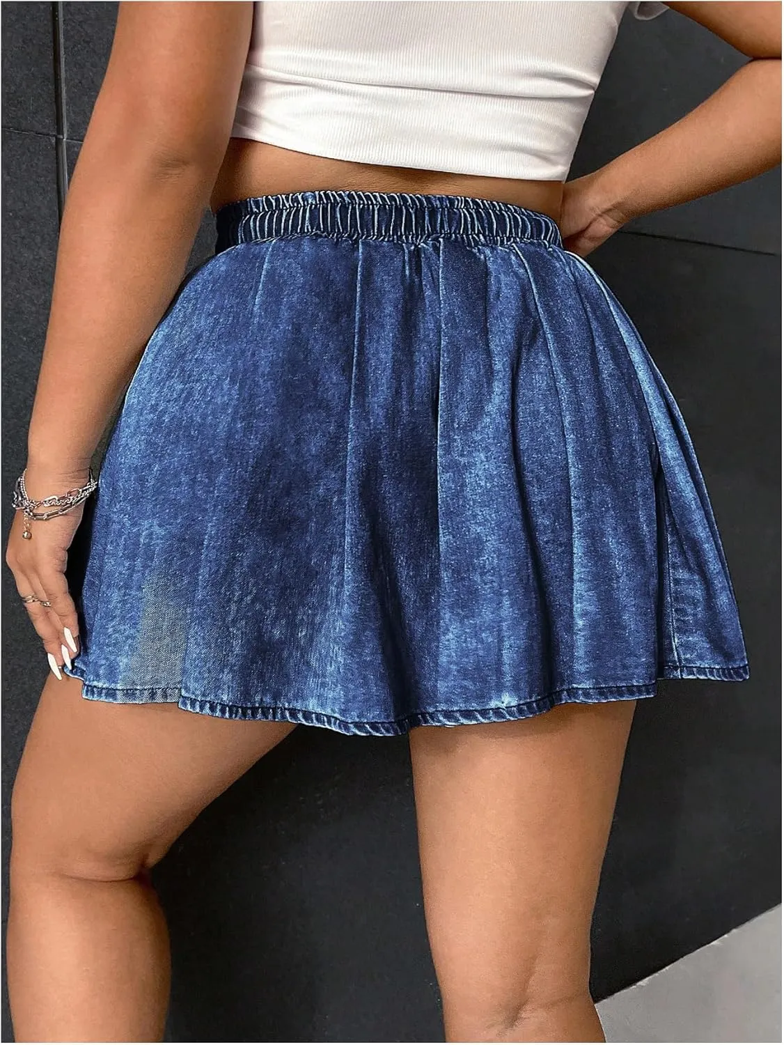 OYOANGLE Women's Plus Size Drawstring Waist Denim Skirts Y2k Ruffle Pleated Short Skirt