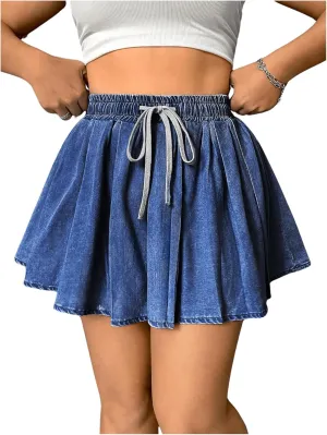 OYOANGLE Women's Plus Size Drawstring Waist Denim Skirts Y2k Ruffle Pleated Short Skirt