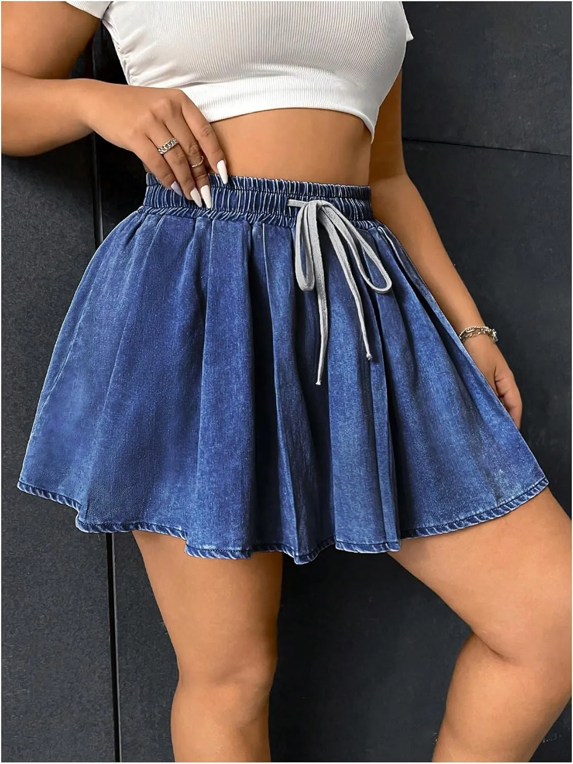 OYOANGLE Women's Plus Size Drawstring Waist Denim Skirts Y2k Ruffle Pleated Short Skirt