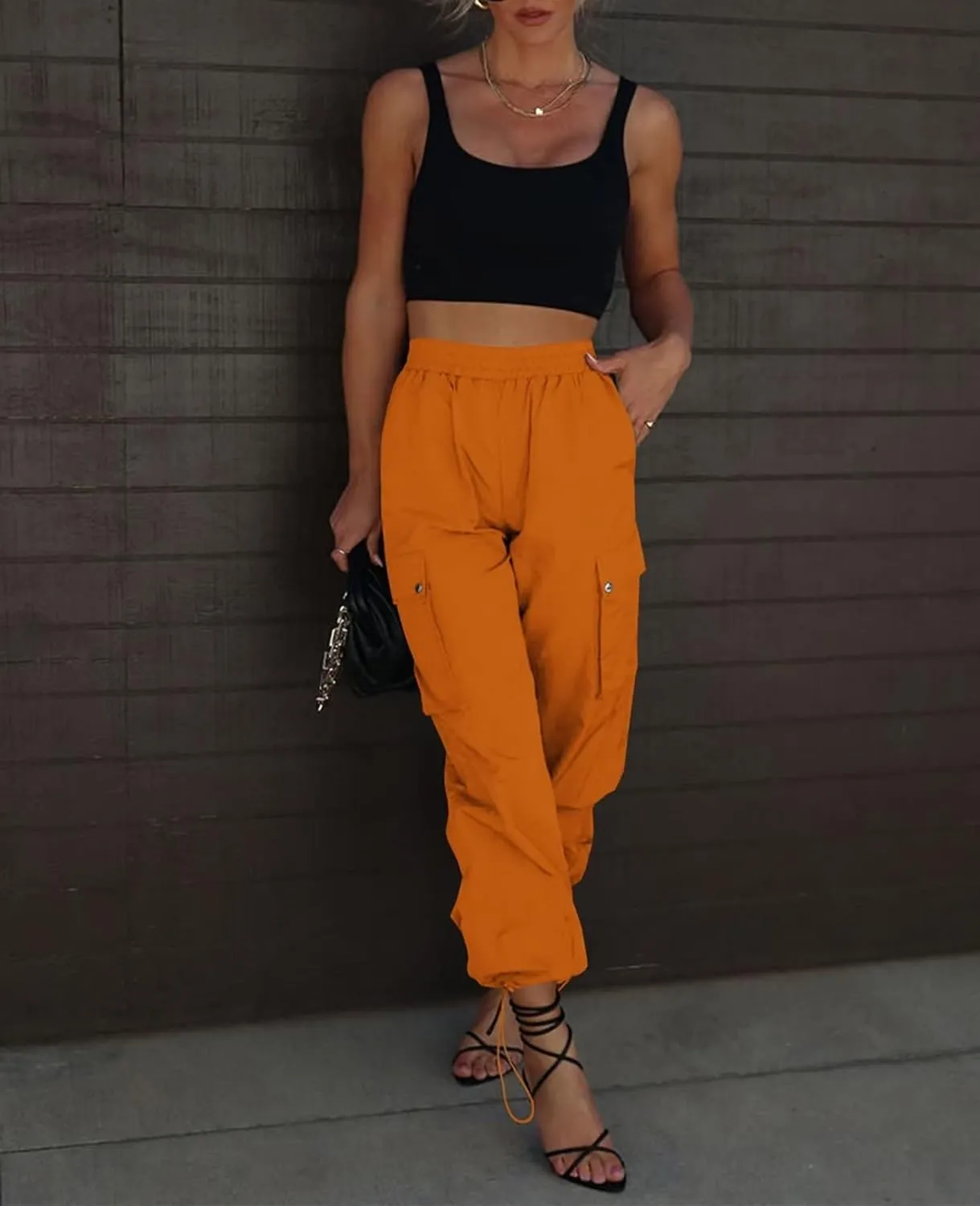 Parachute Pants for Women, Elastic High Waist Y2k Cargo Pants Women Baggy with 4 Pockets
