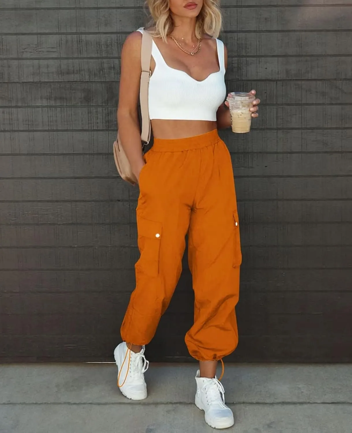 Parachute Pants for Women, Elastic High Waist Y2k Cargo Pants Women Baggy with 4 Pockets