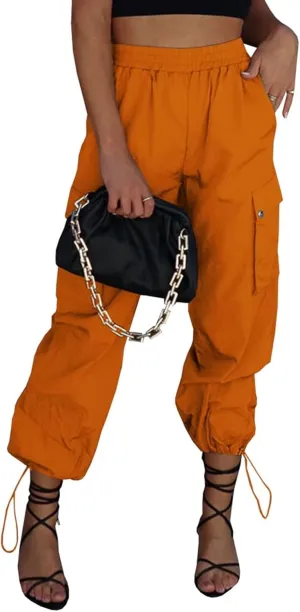 Parachute Pants for Women, Elastic High Waist Y2k Cargo Pants Women Baggy with 4 Pockets