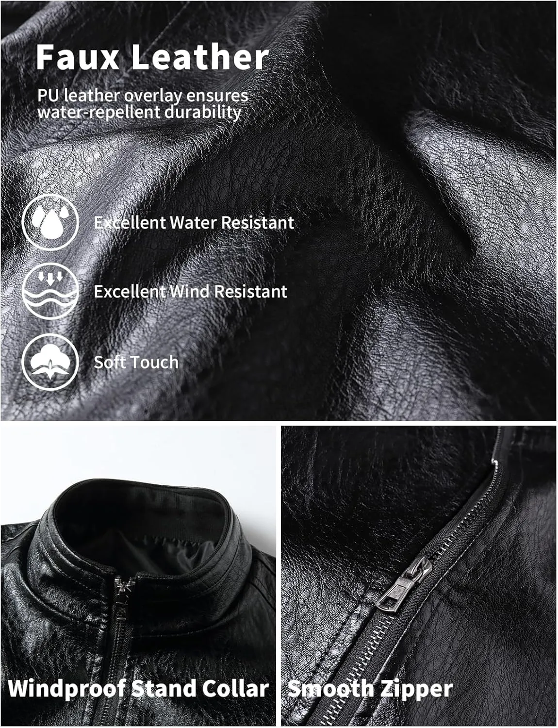 PEGENO Men's Stand Collar Leather Jacket Lightweight Faux Leather Motorcycle Jacket