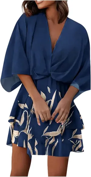 PETYCZEN Floral Dress for Women Summer Wrap V Neck Short Sleeve Empire Waist Ruffle Dress Flowy Pleated Babydoll Mini Dresses