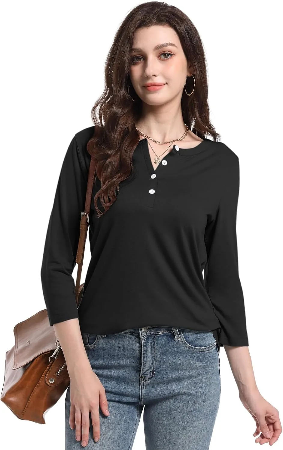 PGANDS Women's 3/4 Length Sleeve T Shirts Button Down Scoop Neck Casual Tops