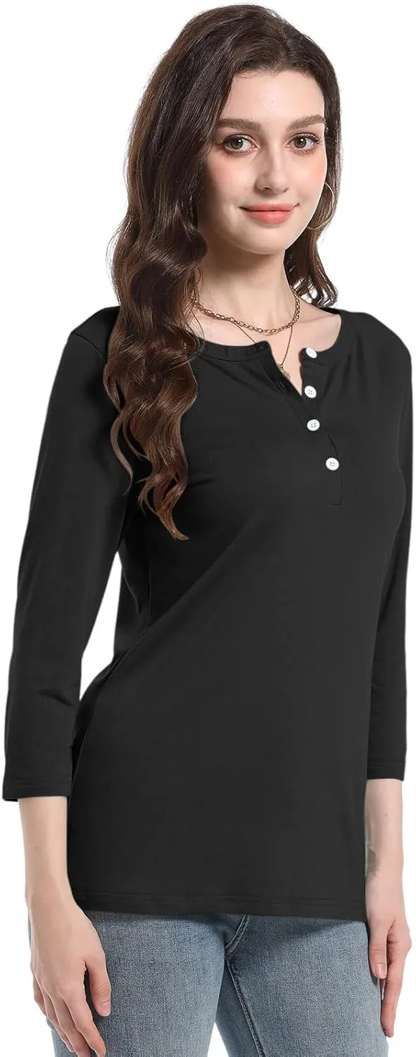 PGANDS Women's 3/4 Length Sleeve T Shirts Button Down Scoop Neck Casual Tops