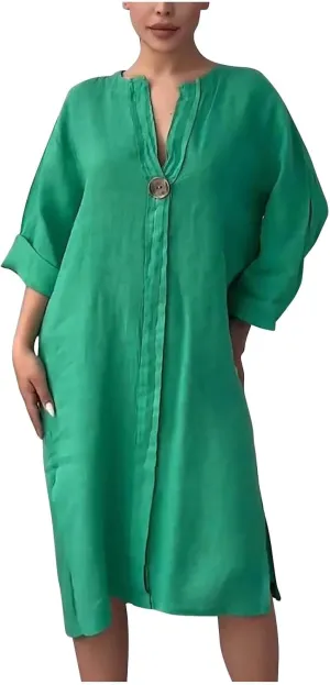 Plus Size Dresses for Curvy Women Casual V Neck 3/4 Sleeve Midi Dress Loose Fit Side Slit T-Shirt Dress with Buttons