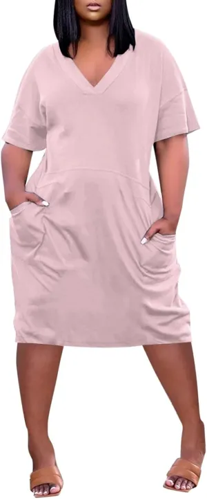 Plus Size Dresses for Curvy Women Oversize T Shirt Midi Dress Loose Short Sleeve V Neck Dress